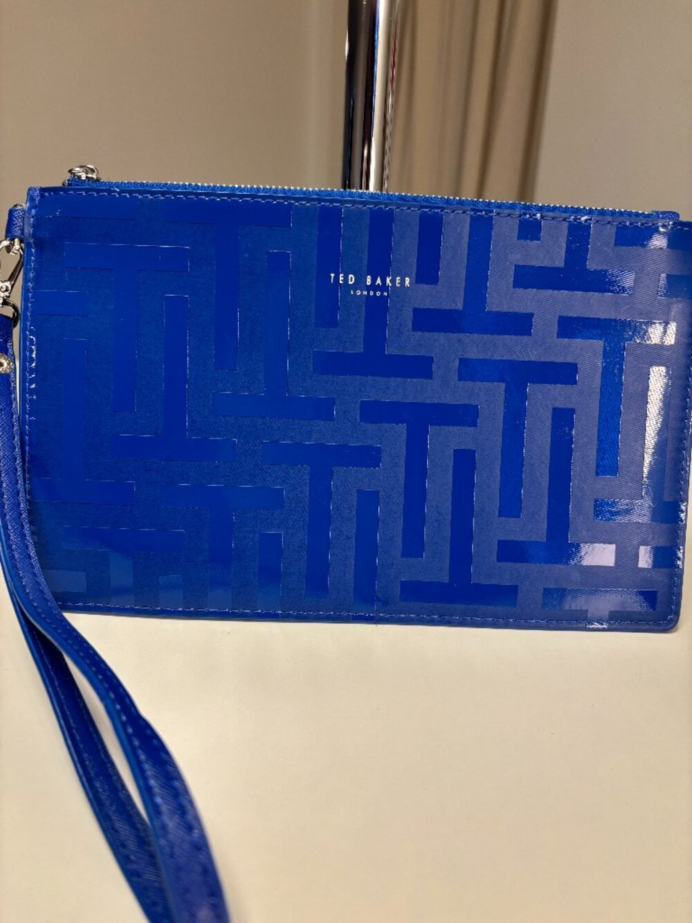 Cobalt Blue Ted Baker London monogram-print zip pouch wristlet w silver tone zip